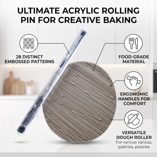 Patterned Acrylic Rolling Pin, Clear Lightweight Embossing Roller for Baking Fondant Compliant Food Safe Comfortable Grip 28 Patterns 6.3 x 0.4 In 1 Pc - size: 52006 wood grain