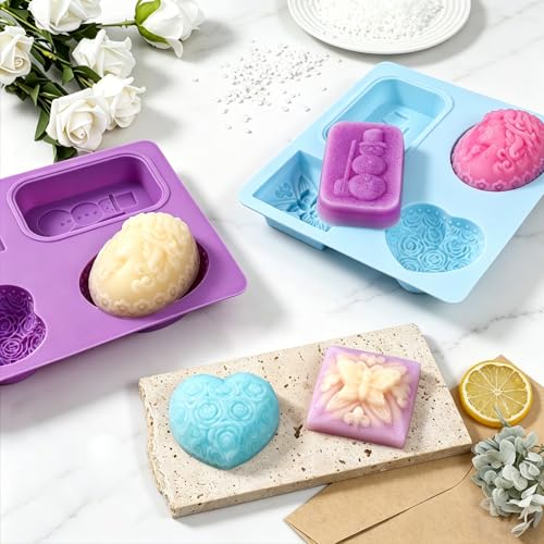 SJ 3D Silicone Craft Mold Set, 2-Pack 4-Cavity Soap & Craft Molds - color: Purple+Blue / 3D Flower Pattern