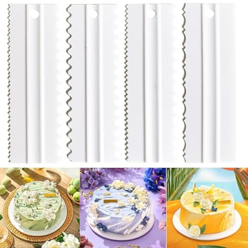 Cake Scrapers Set Decorating Comb and Icing Smoother, Plastic Sawtooth Scraper Polisher Butter Mousse Cream Cake Edge DIY Tool -8 Design Textures (White) - color: White