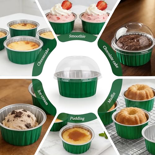 100-Pack 5 oz Green Mini Cake Pans with Lids, Disposable Aluminum Foil Baking Cups, Muffin Tins, Ramekins for Cupcakes, Brownies, Pudding - Festive for St Patricks Day, Birthday Party Supplies - color: Green