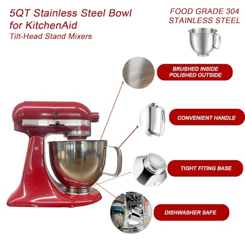 5QT Mixer Bowl for all KitchenAid 4.5-5QT Tilt-Head Stand Mixers - size: 5QT