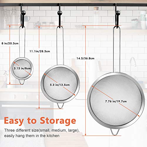 Fine Mesh Strainer, 3-Piece Stainless Steel Colander Sifter Set with Handle