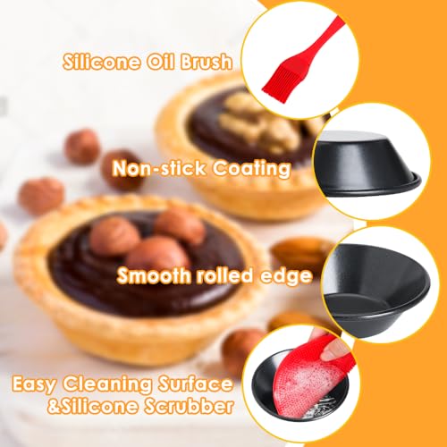 12 pcs Egg Tart Molds, Quyimy 3" Mini Tart Pans, Non-Stick Carbon Steel Mini Tart Panw/Oil & Dish Brushes for Cupcake Cake Muffin Mold Tin Pan, Baking Set Tool for Cakes, Cookies, Desserts - color: Black 3-inch 12 Pcs