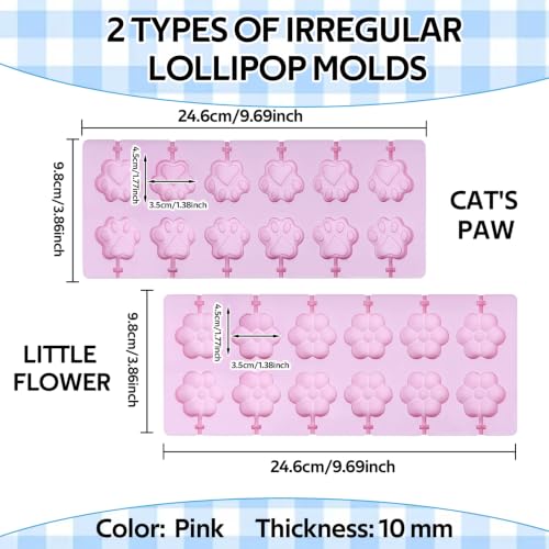 12 Cavities Flower Pink Silicone Lollipop Molds,Hard Candy Chocolate Sucker Mold with 20pcs Bags,20pcs Gold Ties - color: C