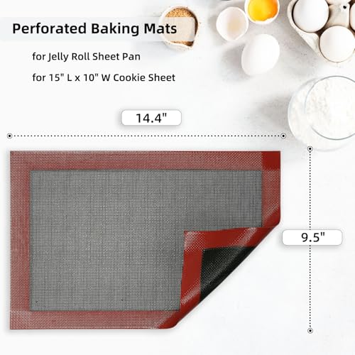 Perforated Silicone Baking Mat for Jelly Roll Pan, Non-Stick Eclair Baking Mat for 10 x 15-inch Tray Pan, 2 Pcs Mesh Cookie Sheet Liner for Homemade Bread, Sugar Cookie and Pastry - size: (14.5'' x 9.6'') Jelly Roll