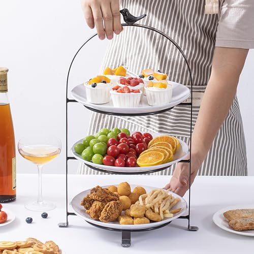 SparkWorks 3 Tiered Cake Stand, Tea Party Serving Platter, Dessert and Cupcake Stand, Metal Tiered Serving Stand Includes Three Premium White Stoneware Plates - size: 8.5 inch