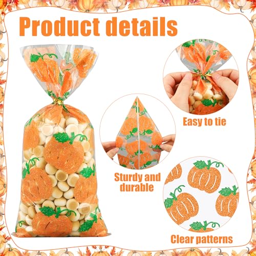 peony man 120 Pcs Fall Cellophane Treat Bags Fall Pumpkin Candy Bags Glitter Autumn Plastic Goodie Treat Bag Clear Thanksgiving Gift Bag with Twist Ties for Autumn Harvest Thanksgiving Party Supplies