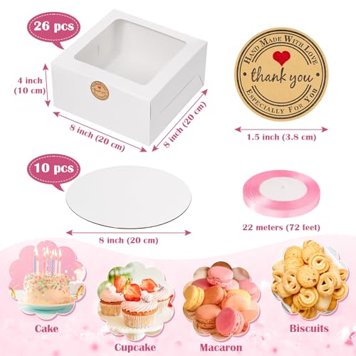 Sublaga 26pcs 8x8x4 Inches Cake Boxes White Bakery Boxes, White Bread Boxes with Windows for Pastries, Cupcakes,Cookies, Pie, Muffins and Donuts