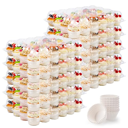 5 Pack 24 Count Cupcake Containers With Tall Dome Lids, 120 Liners