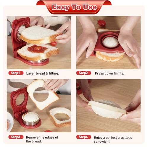 Sandwich Cutter and Sealer for PB&J, Round Crustless Kitchen Tool, Kids Lunch Snacks Maker for Biscuit, Cookie-Dough, Red,3.2inch - size: 5x4x1.6inches
