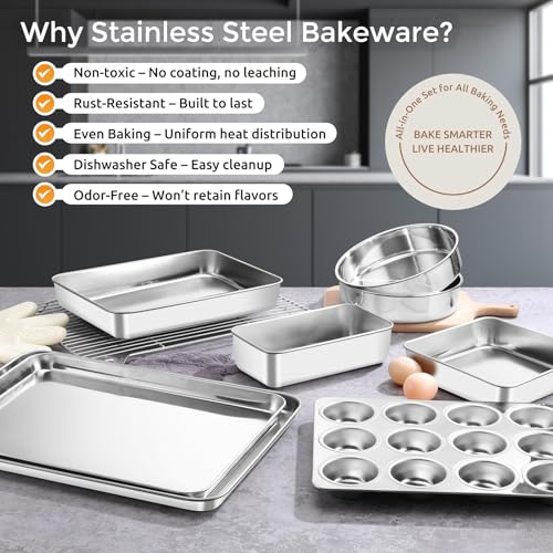 E-far 9-Piece Baking Pan Set, Stainless Steel Bakeware Sets for Sheet Cake Cookie Loaf Muffin, Include Baking Sheet, Round Square Rectangle Baking Pan & Cooling Rack, Dishwasher Safe - size: 9-Piece Set