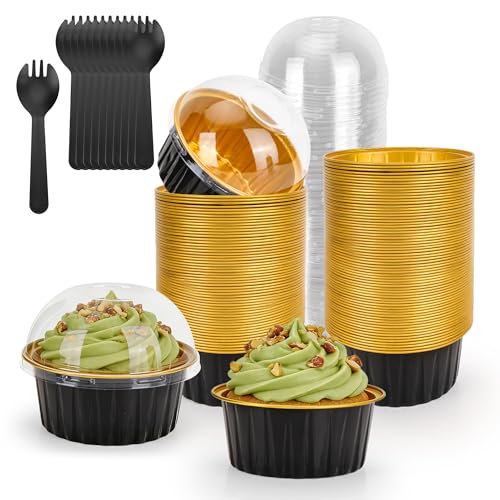 100-Pack 5 oz Black Gold Mini Cake Pans with Lids, Disposable Aluminum Foil Baking Cups, Muffin Tins, Ramekins for Cupcakes, Brownies, Flan, Pudding - Wedding, Birthday Party Supplies - color: Black/Gold