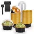 100-Pack 5 oz Black Gold Mini Cake Pans with Lids, Disposable Aluminum Foil Baking Cups, Muffin Tins, Ramekins for Cupcakes, Brownies, Flan, Pudding - Wedding, Birthday Party Supplies - color: Black/Gold