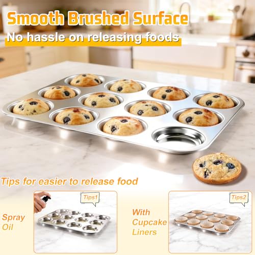 P&P CHEF 12-Cup Muffin Top Pan, Cupcake Pan with Shallow Side, 1PC & Silver