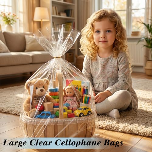 woric 20Pcs 24x30 Inch Clear Cellophane Gift Bags for Gift Baskets - size: 20pcs 24x30 Inch