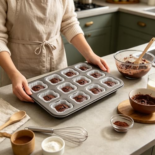 12 Cavity Brownie Pan with Dividers, Non Stick Square Carbon Steel Muffin Baking Bakeware with 300 PCS Parchment Liners, Dark Gray - size: 13.7x10.04x1inch