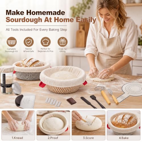 Sourdough Starter Kit Gift Set – 21Pcs Complete Baking Tools with 22oz Jar, Oval Banneton Basket, Dough Whisk, Bread Lame & Silicone Liners, Perfect for Artisan Home Bakers