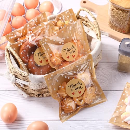 Fuyoooo 50 Pcs Self Adhesive Cookie Bags Cellophane Polka Dot Treat Bags Small Plastic with Thank You Stickers for Party Gift Giving Bakery Biscuit Candy Pastry (5.6 x 5.6 Inch) - size: 5.6 x 5.6 inch