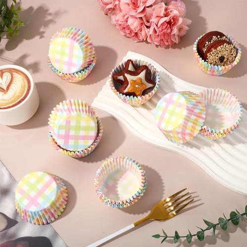 Whaline 300Pcs Pastel Plaid Paper Baking Cups Easter Colorful Checkered Cupcake Liners Spring Muffin Liner Cake Paper Cups Storage Container for Spring Easter Party Baking Supplies, 2 x 1.2 Inch - style: Pastel Plaid