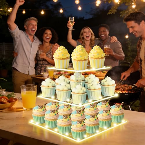 Square Cupcake Stand with Yellow Lights, 3 Tier Dessert Display Stands - color: Yellow Light, size: 3 Tier Square