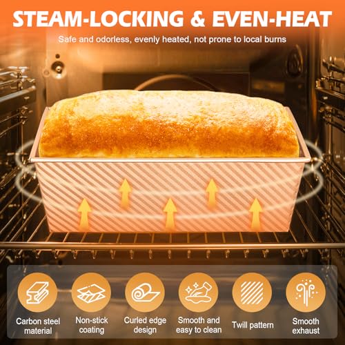 2.2lb Pullman Loaf Pan with Lid, Nonstick Carbon Steel Square Bread Pan for Baking Shokupan, Sandwich, Pain de Mie & Sourdough – Includes 6 Bonus Tools - color: Gold, size: 2.2LB (Single)