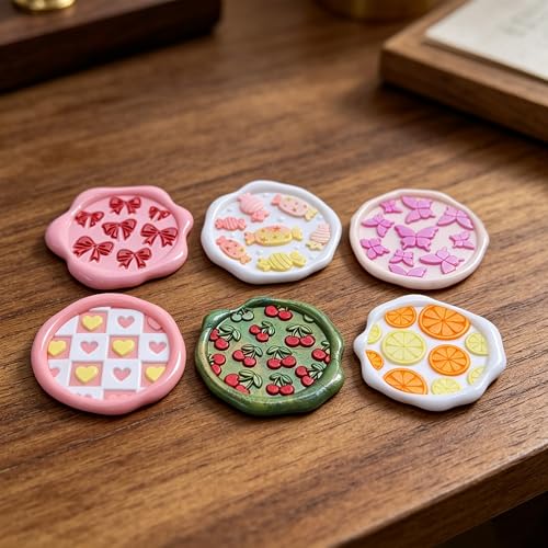 6-Piece Cute Wax Seal Stamp Set – Full-Coverage Pattern Collection with Solid Brass Heads & Wooden Handle – Kawaii Candy Cherry Butterfly Designs for Cards, Envelopes & DIY Crafts