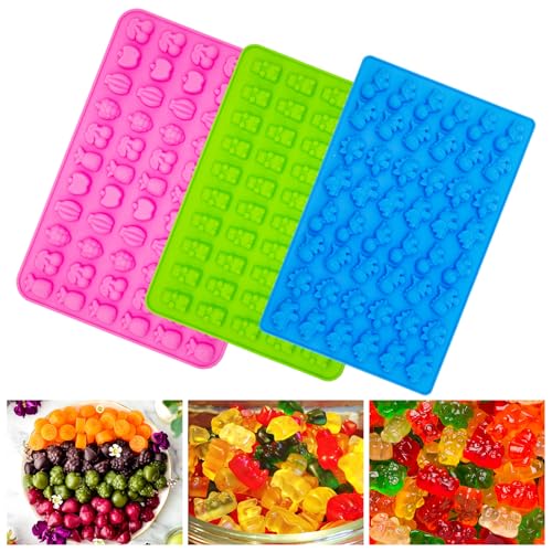 3Pcs Gummy Candy Molds - Silicone Mini Gummy Bear/Dinosaur/Fruit Snack Molds with 2Pcs Dropper,Non-stick and Bpa Free for Candy Chocolate Gummies Baking - color: 3pcs Candy Molds