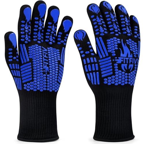 BBQ Gloves, 1472°F Heat Resistant with Silicone Grip Oven Mitts - color: Blue, size: Long (Glove L 13.78" × Palm W 6.33")