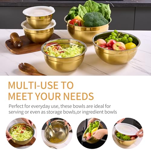 Gold Mixing Bowls with Airtight Lids, Stainless Steel Nesting Mixing Bowls Set of 5, Ideal for Baking, Prepping and Serving Food, Size 5.5, 3.6, 2.7, 2.1, 1.5, QT, Stackable Design - color: Gold, size: 5 Pieces