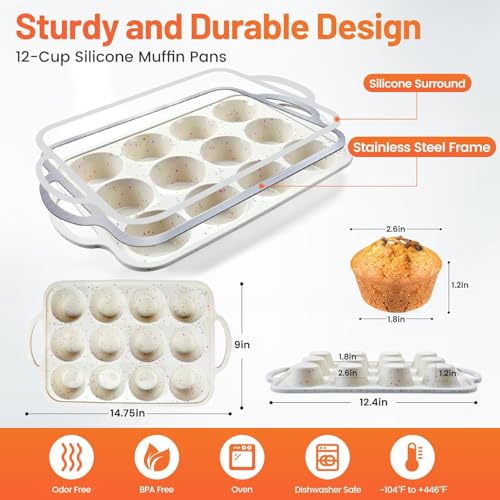 Vinino 2Pack Silicone Muffin Pan for Baking with Metal Reinforced Frame, 12 Cup Regular Size Cupcake Pan, BPA Free Silicone Muffin Tray, Cupcake Baking Pan Bite Molds for Oven Dishwasher Safe - size: Standard