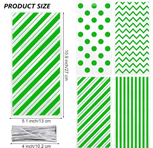 Capesaro 50 Pieces 10.6 x 5.1 In Green Cellophane Treat Bags Candy Gift Bag with Twist Ties Stripes Polka Dot Printed Pattern Goodie Bag for Birthday Weddings Party - color: Green-10.8'' x 5''