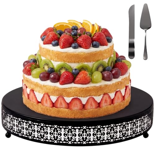 Wenqik Black Metal Cake Stand 14 Inch with Cutting & Spatula - color: Black, size: 14 Inch
