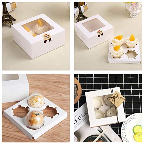 EUSOAR Muffin Boxes, 50pcs 6.4" x 6.3" Kraft Cupcake Boxes 4 Count White Color Muffin Containers, Cupcake Carrier with Insert and Display Window Fits 4 Cupcakes or Muffins - color: White, size: 50pcs, 4 Holders