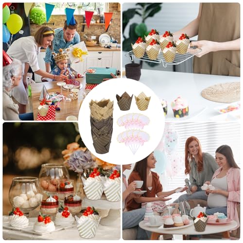 uxcell 100Pcs Tulip Cupcake Liners with 10Pcs Cheese Markers Muffins Liners - color: Natural/Brown