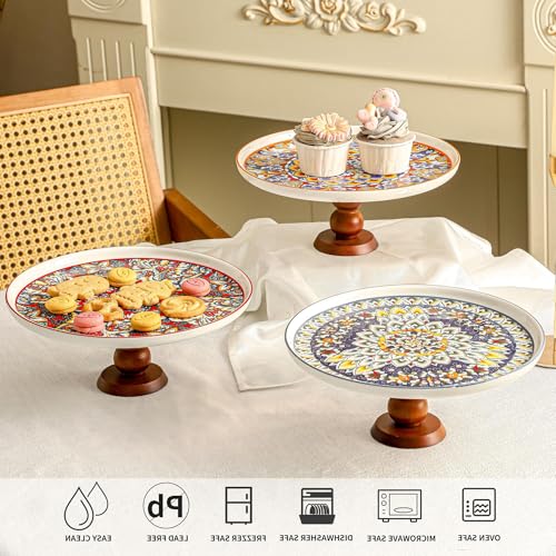 8” Ceramic Cake Stand with Elegant Wood Curved Footed