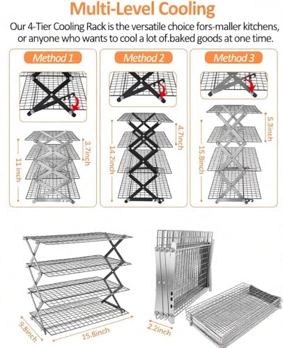 4 Tier Collapsible Cooling Rack, 2/3/4-Tier Upgraded,Adjustable ＆ Stackable Baking Rack, 5 Modes Cooling Racks for Cooking and Baking, Roasting ＆ Grilling Gifts for Picnic Party - color: B4-white