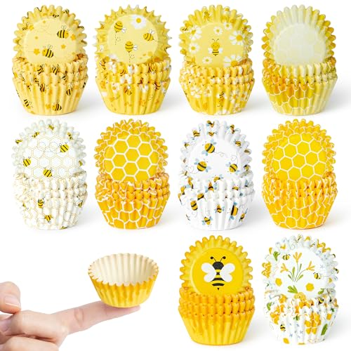COcnny Bee Mini Cupcake Liners - 600pcs Summer Baking Cups Muffin Paper Cupcakes Wrappers for Birthday Party, Yellow Honey Candy Cake Chocolate Wrap Making Supplies for Baby Shower Wedding (10 Styles) - style: Mini Bee
