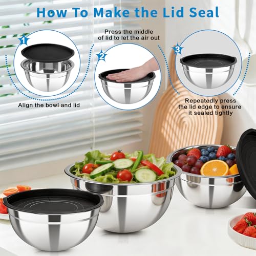 Stainless Steel Mixing Bowls with Lids, 7-Piece Nesting Bowl Set