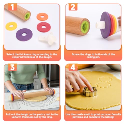 13.6" Adjustable Wooden Rolling Pin with 4 Multicolored Thickness Rings