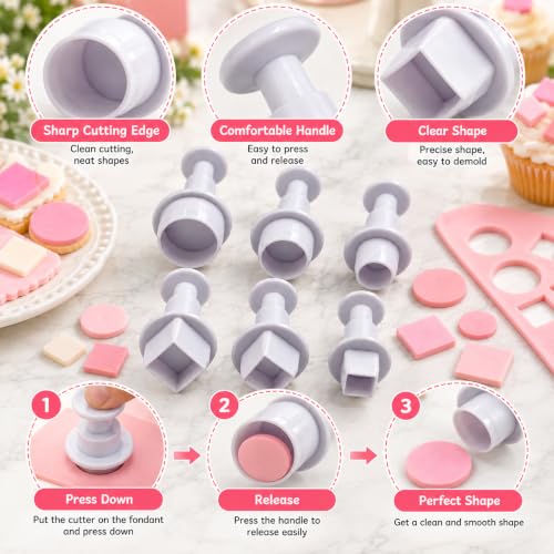 6 PCS Fondant Cutters, Small Round & Square Plunger Cookie Cutter Set - color: Square + Round