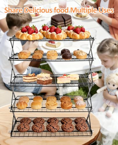5 Tier Collapsible Cooling Rack, 2/3/4/5-Tier Upgraded,Adjustable ＆ Stackable Baking Rack, 5 Modes Cooling Racks for Cooking and Baking, Roasting ＆ Grilling Gifts for Picnic Party - color: Black