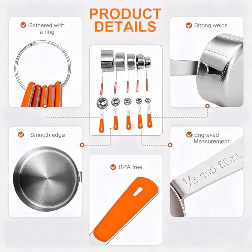 Bopei 10-Pcs Stainless Steel Measuring Cups & Spoons Set, Orange Handles - color: Orange