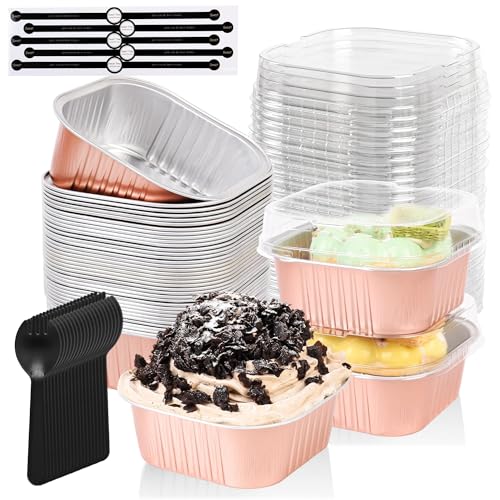 100 Pcs Mini Cake Pans with Lids, 5oz Square Aluminum Foil Brownie Baking Cups, Dessert Cupcake Cups with lids, Disposable Loaf Pans Cupcake for Wedding Birthday Party (Champagne) - color: Champagne, size: 5 OZ
