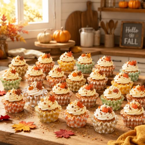 Fall Plaid Mini Size Cupcake Liners, Bulk Grease Resistant Baking Cups - color: Orange, Green