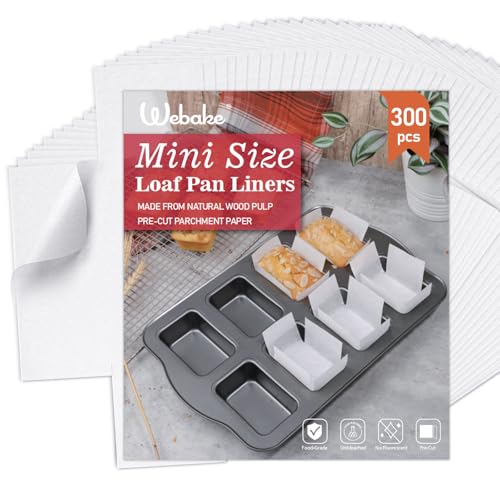 Webake 300pcs Unbleached Parchment Paper Mini Loaf Pan Liners Compatible with Wilton Mini Loaf Pan, Original Precut, Non Toxic Baking Papers for Banana Breads - color: White 3x2