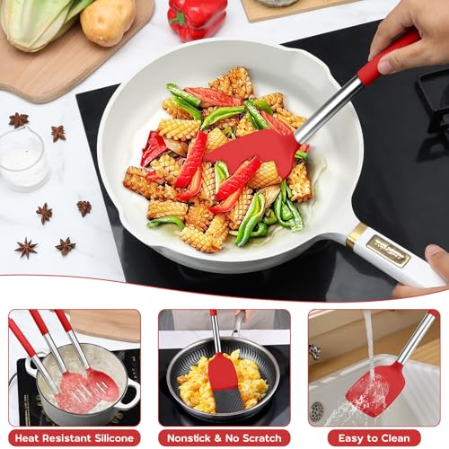 Onader 10 Pieces Silicone Kitchen Utensils Set, Cooking Utensils with Holder and Heat Resistant Stainless Steel Handle for Nonstick Cookware -Red - color: Red