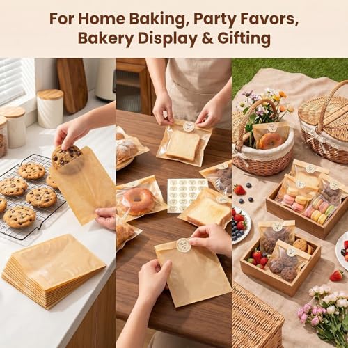100Pcs Brown Paper Cookie Bags with Stickers & Window 5x7.5 inch - size: 13X19CM