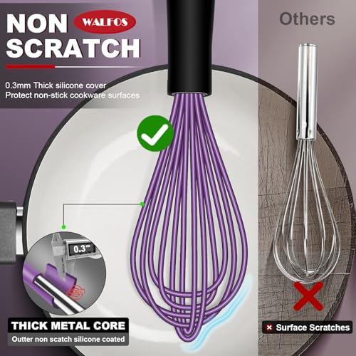 Walfos Whisk, Silicone Whisks Set of 5, Mini Stainless Steel Whisk 7+5in & Non Scratch Coated 7+9+11in Whisks, Suitable for Blending, Whisking, Beating, Frothing & Stirring. (Purple) - color: 5pcs Purple + Stainless Steel;7+9+11in & 5+7in