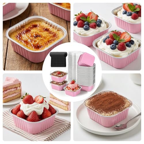 60 Pack 5oz Mini Cake Pans with Lids Aluminum Foil Square Baking Cups