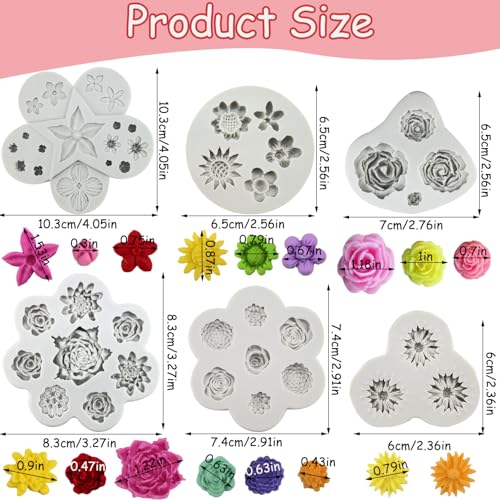 6Pcs Flower Molds Silicone Chocolate Mold Daisy Flower Fondant Cake Mold Rose Candy Moluld Polymer Clay Resin Mold Soap Ice Cube Jello Molds for Baking Cake Cupcake Decorating Wax Making - color: Peony Mold